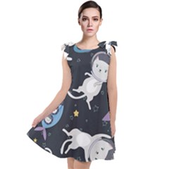 Space Cat Illustration Pattern Astronaut Tie Up Tunic Dress by Wav3s