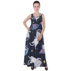 Space Cat Illustration Pattern Astronaut Empire Waist Velour Maxi Dress