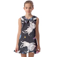 Space Cat Illustration Pattern Astronaut Kids  Pilgrim Collar Ruffle Hem Dress