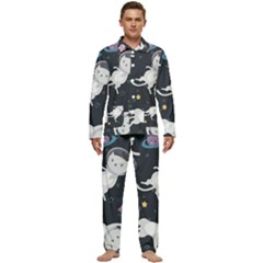 Space Cat Illustration Pattern Astronaut Men s Long Sleeve Velvet Pocket Pajamas Set by Wav3s