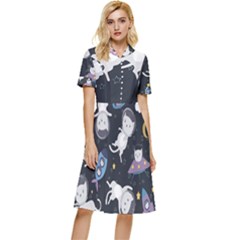 Space Cat Illustration Pattern Astronaut Button Top Knee Length Dress by Wav3s