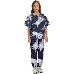 Space Cat Illustration Pattern Astronaut Kids  Tee And Pants Sports Set by Wav3s