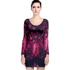 Peacock Pink Black Feather Abstract Long Sleeve Velvet Bodycon Dress by Wav3s