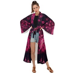 Peacock Pink Black Feather Abstract Maxi Kimono