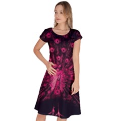 Peacock Pink Black Feather Abstract Classic Short Sleeve Dress by Wav3s