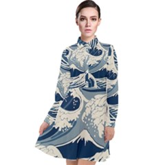 Japanese Wave Pattern Long Sleeve Chiffon Shirt Dress
