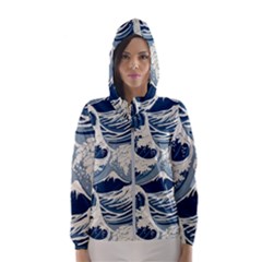 Japanese Wave Pattern Women s Hooded Windbreaker