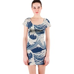 Japanese Wave Pattern Short Sleeve Bodycon Dress