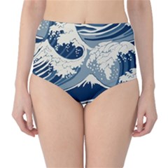 Japanese Wave Pattern Classic High-Waist Bikini Bottoms