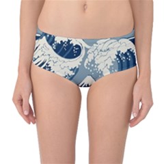 Japanese Wave Pattern Mid-Waist Bikini Bottoms