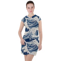 Japanese Wave Pattern Drawstring Hooded Dress