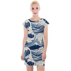 Japanese Wave Pattern Cap Sleeve Bodycon Dress