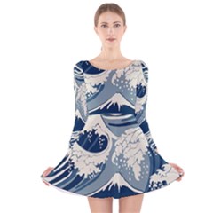 Japanese Wave Pattern Long Sleeve Velvet Skater Dress