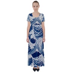 Japanese Wave Pattern High Waist Short Sleeve Maxi Dress