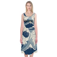 Japanese Wave Pattern Midi Sleeveless Dress