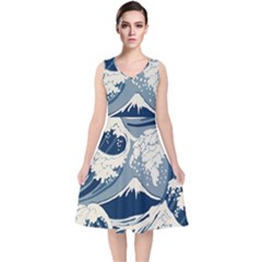 Japanese Wave Pattern V-Neck Midi Sleeveless Dress 