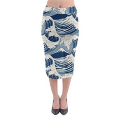 Japanese Wave Pattern Midi Pencil Skirt