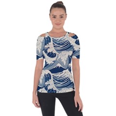 Japanese Wave Pattern Shoulder Cut Out Short Sleeve Top