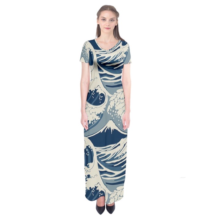 Japanese Wave Pattern Short Sleeve Maxi Dress