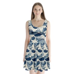 Japanese Wave Pattern Split Back Mini Dress 