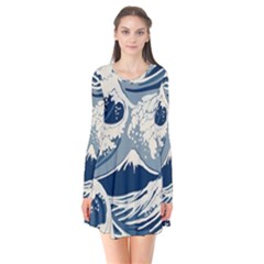 Japanese Wave Pattern Long Sleeve V-neck Flare Dress