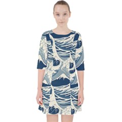Japanese Wave Pattern Quarter Sleeve Pocket Dress