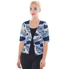Japanese Wave Pattern Cropped Button Cardigan