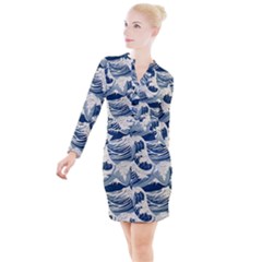 Japanese Wave Pattern Button Long Sleeve Dress