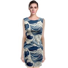 Japanese Wave Pattern Sleeveless Velvet Midi Dress
