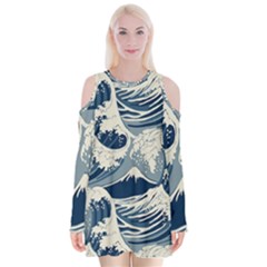 Japanese Wave Pattern Velvet Long Sleeve Shoulder Cutout Dress