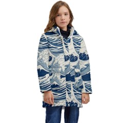 Japanese Wave Pattern Kids  Hooded Longline Puffer Jacket