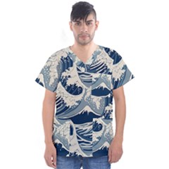 Japanese Wave Pattern Men s V-Neck Scrub Top