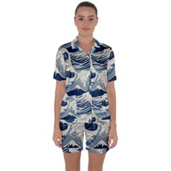 Japanese Wave Pattern Satin Short Sleeve Pajamas Set