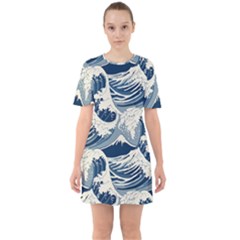 Japanese Wave Pattern Sixties Short Sleeve Mini Dress