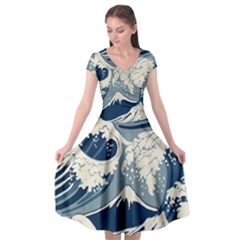 Japanese Wave Pattern Cap Sleeve Wrap Front Dress