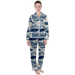 Japanese Wave Pattern Women s Long Sleeve Satin Pajamas Set	