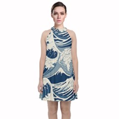 Japanese Wave Pattern Velvet Halter Neckline Dress 