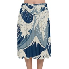 Japanese Wave Pattern Velvet Flared Midi Skirt