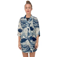 Japanese Wave Pattern Half Sleeve Chiffon Kimono