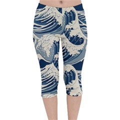 Japanese Wave Pattern Velvet Capri Leggings  by Wav3s