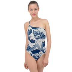 Japanese Wave Pattern Classic One Shoulder Swimsuit