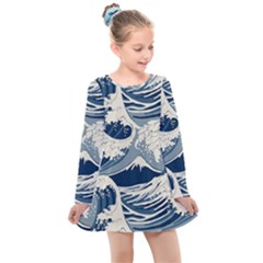 Japanese Wave Pattern Kids  Long Sleeve Dress by Wav3s