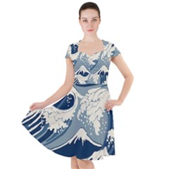 Japanese Wave Pattern Cap Sleeve Midi Dress