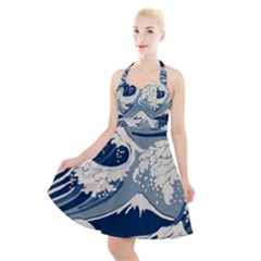 Japanese Wave Pattern Halter Party Swing Dress 