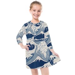 Japanese Wave Pattern Kids  Quarter Sleeve Shirt Dress