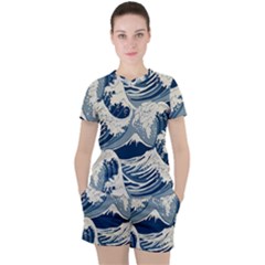 Japanese Wave Pattern Women s Tee and Shorts Set