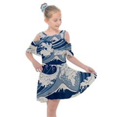 Japanese Wave Pattern Kids  Shoulder Cutout Chiffon Dress