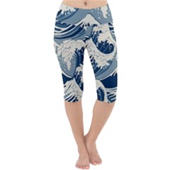 Japanese Wave Pattern Lightweight Velour Cropped Yoga Leggings