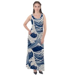 Japanese Wave Pattern Sleeveless Velour Maxi Dress