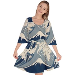 Japanese Wave Pattern Velour Kimono Dress